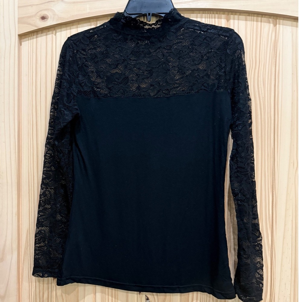Elit Womens Black Lace Yoke Mock Neck Long Sleeve Top XL